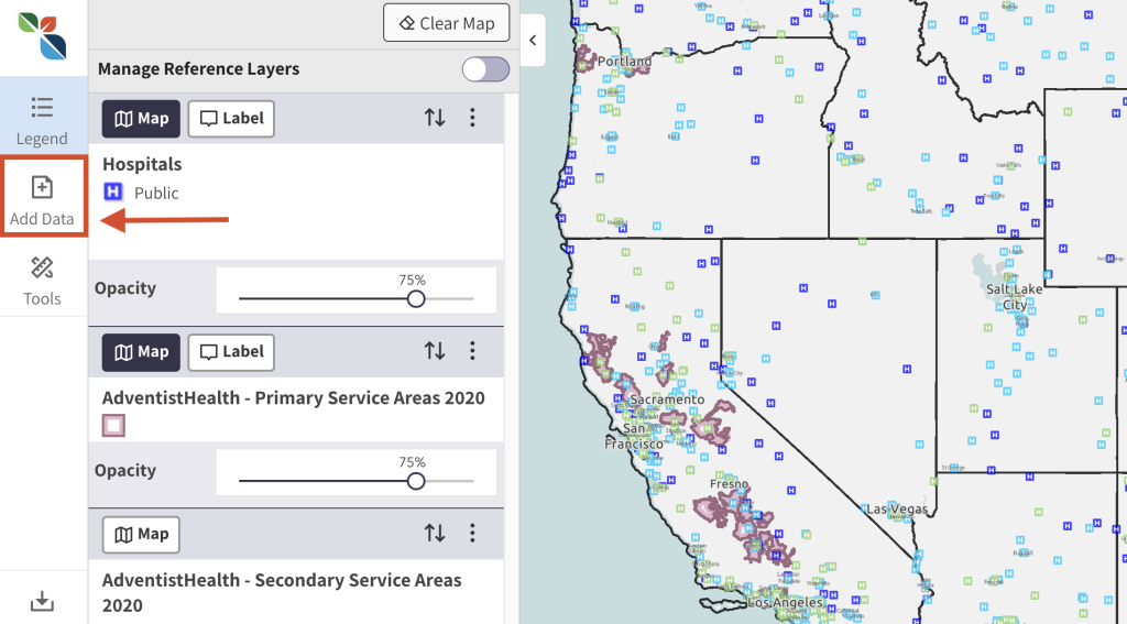 Step 1 of the map room. The picture shows a screenshot of the add data function. Users can click the Add Data button in the left menu to open the search data menu. 