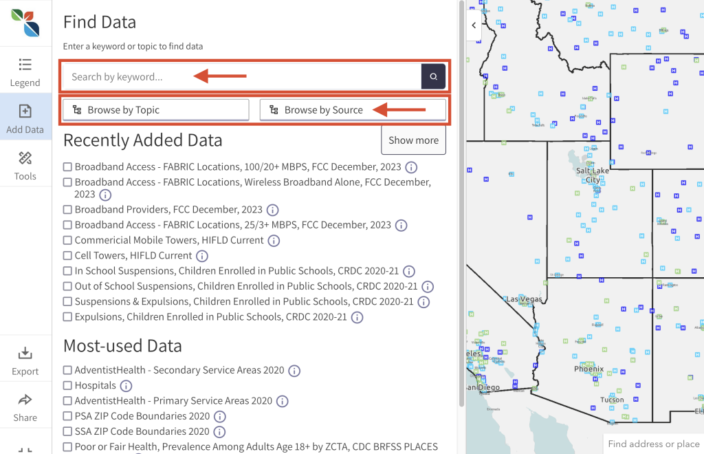 Step 1.1 of the map room. The picture shows a screenshot of the search data window. Users can use keywords to search for map layers or use the "Browse by Topic" and "Browse by Source" buttons to search by topic and source. 