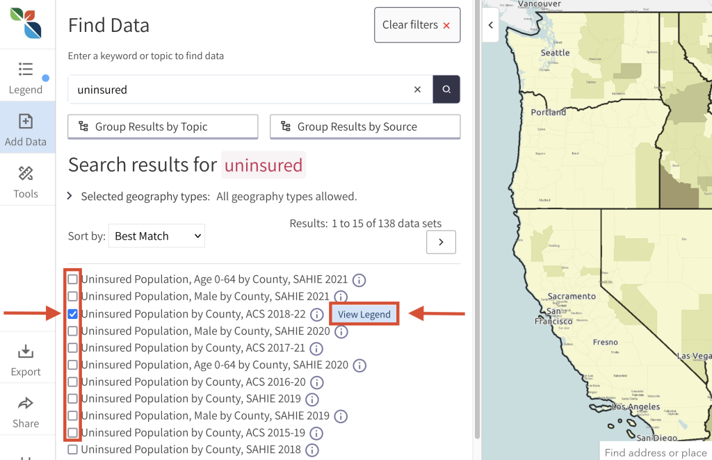 Step 2 of the map room. The picture shows a screenshot of the search data window. Users can click the check box to the left of a layer name to add it to the map. Users can click the "View Legend" button to view the map legend and exit the search data window.