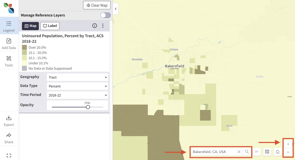 Step 3 of the map room. The picture shows a screenshot of the map room calling out the location search bar and plus and minus buttons at the bottom right of the map room. Users can type in a county, city, or address in the location search bar to zoom in. Users can also use the plus and minus buttons to zoom in and out. 