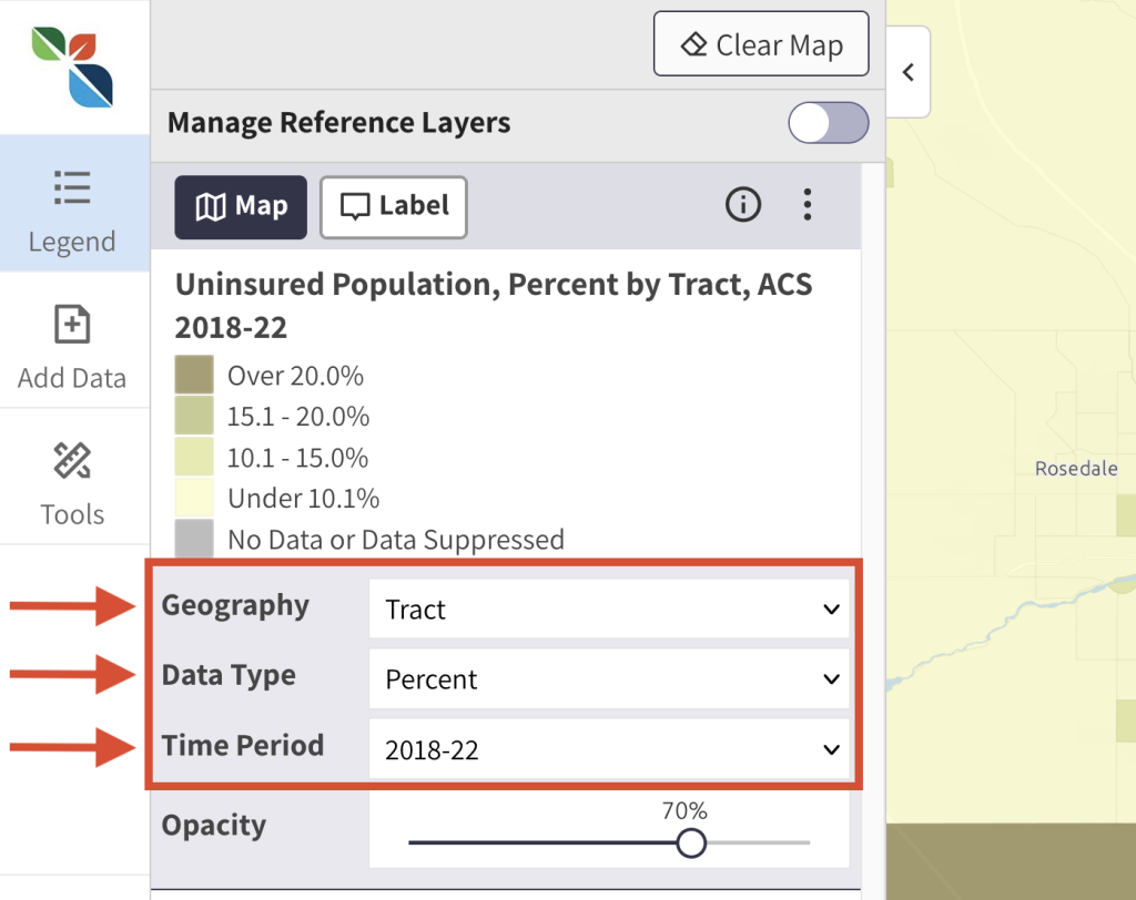 Step 4.1 of the map room. The picture shows an expanded view of the legend in the map room. The drop down menus below to the legend can be used to change the geographic extent of the data on the map, to change the data type from percent to total, or to change time periods (where available). 