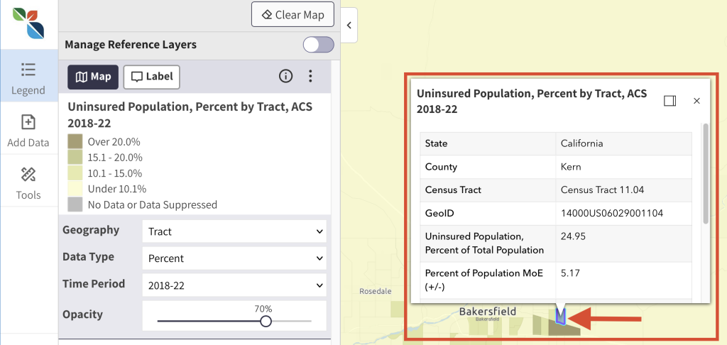 Step 5 of the map room. The picture shows a screenshot of an informational pop up in the map room. Users can click on any location on the map to activate an informational pop up. To close the pop up, click the x in the top right corner of the pop up window. 