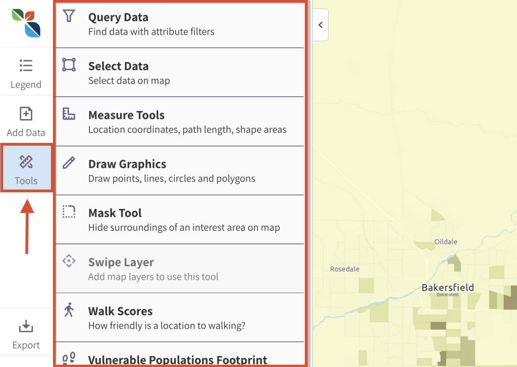 Step 5.1 of the map room. The picture shows a screenshot of the Tools menu. Users can activate the tools menu by clicking the "Tools" button in the left menu. Users can click on any of the available tools to use it or learn more. 