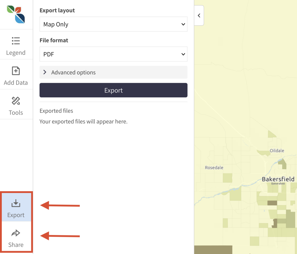 Step 6 of the map room. The picture shows a screenshot of the Export menu. Users can export and share maps by clicking the "Export" and "Share" buttons at the bottom of the left menu. Users can export maps in a variety of sizes and formats. Users can share maps via a shortlink or on social media using the "Share" button. 