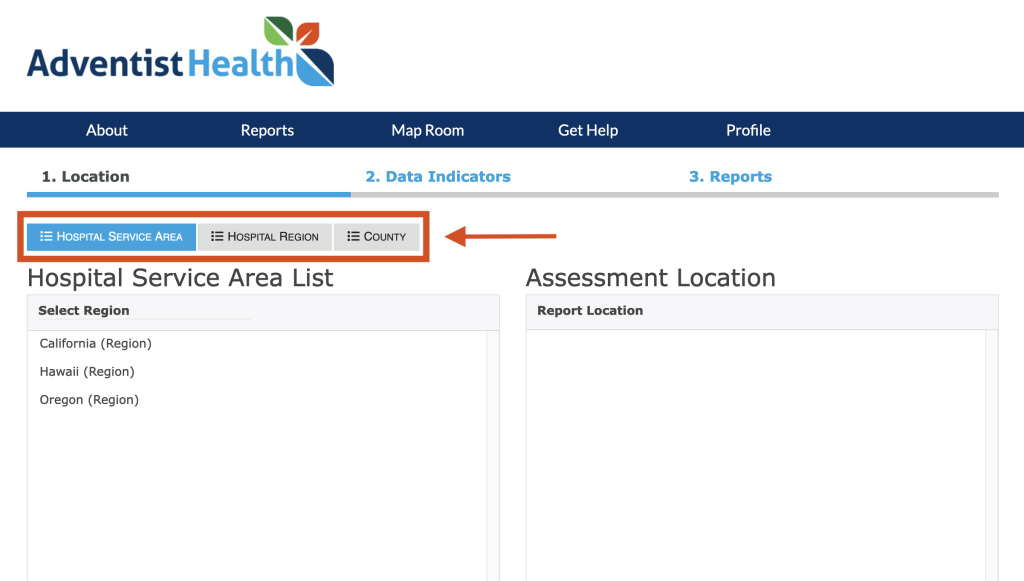 Step 1 of the assessment tool. The picture shows a screenshot of the location selection function. Users should select a geography in the top-level tabs first, then select a more specific geography from the list. This location will be used to create the report. 