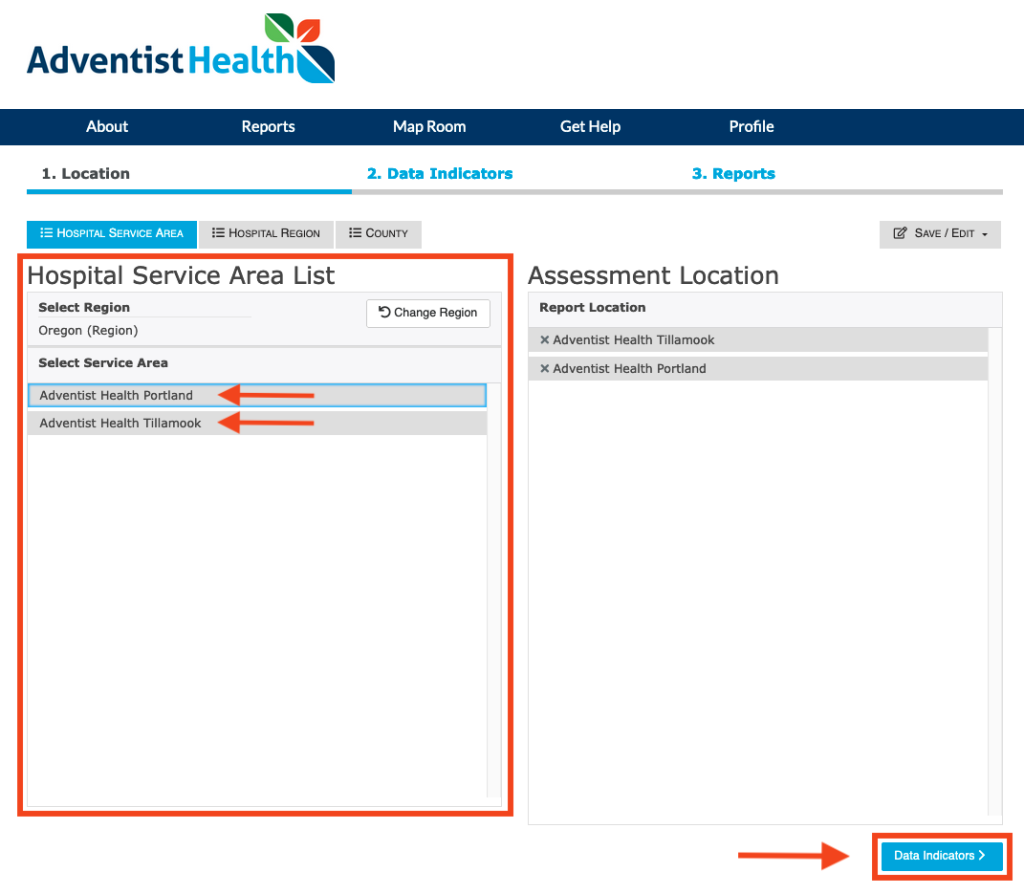 Step 2 of the assessment tool. The picture shows a screenshot of the location selection function. Users should select a more specific geography from the list after they select a top-level geography from the tabs. The screenshot shows to click the "Data Indicators" button at the bottom right of the screen to move to the next step. 