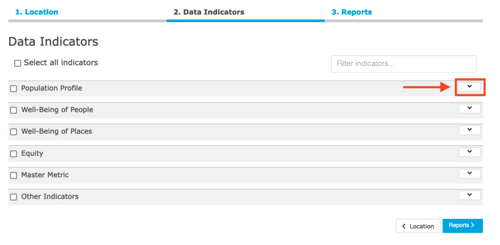 Step 3.1 of the assessment tool. The picture shows a screenshot of the data indicators selection function. Users should click the carets located on the left side of the tool to open the data categories, view available indicators, and select indicators for the report. 