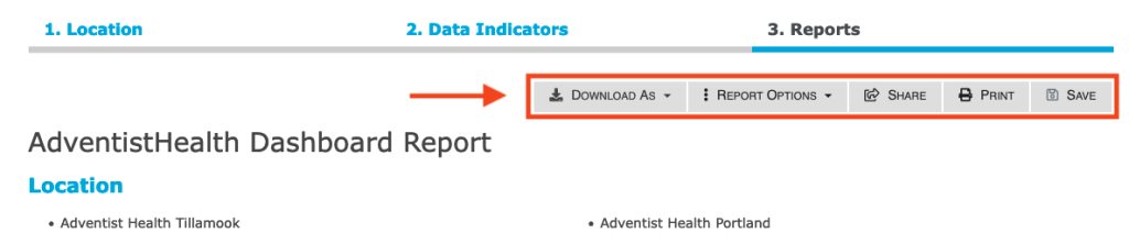 Step 5 of the assessment tool. The picture shows a screenshot of the report functions menu at the top right of the report screen. The first button allows users to download the report as a PDF, Word document, or Excel file. The second button allows users to turn Report Options on and off. The third button allows users to get a shortlink to share the report with others. The fourth button allows users to print the report. The fifth and final button allows users to save the report to the users profile. 